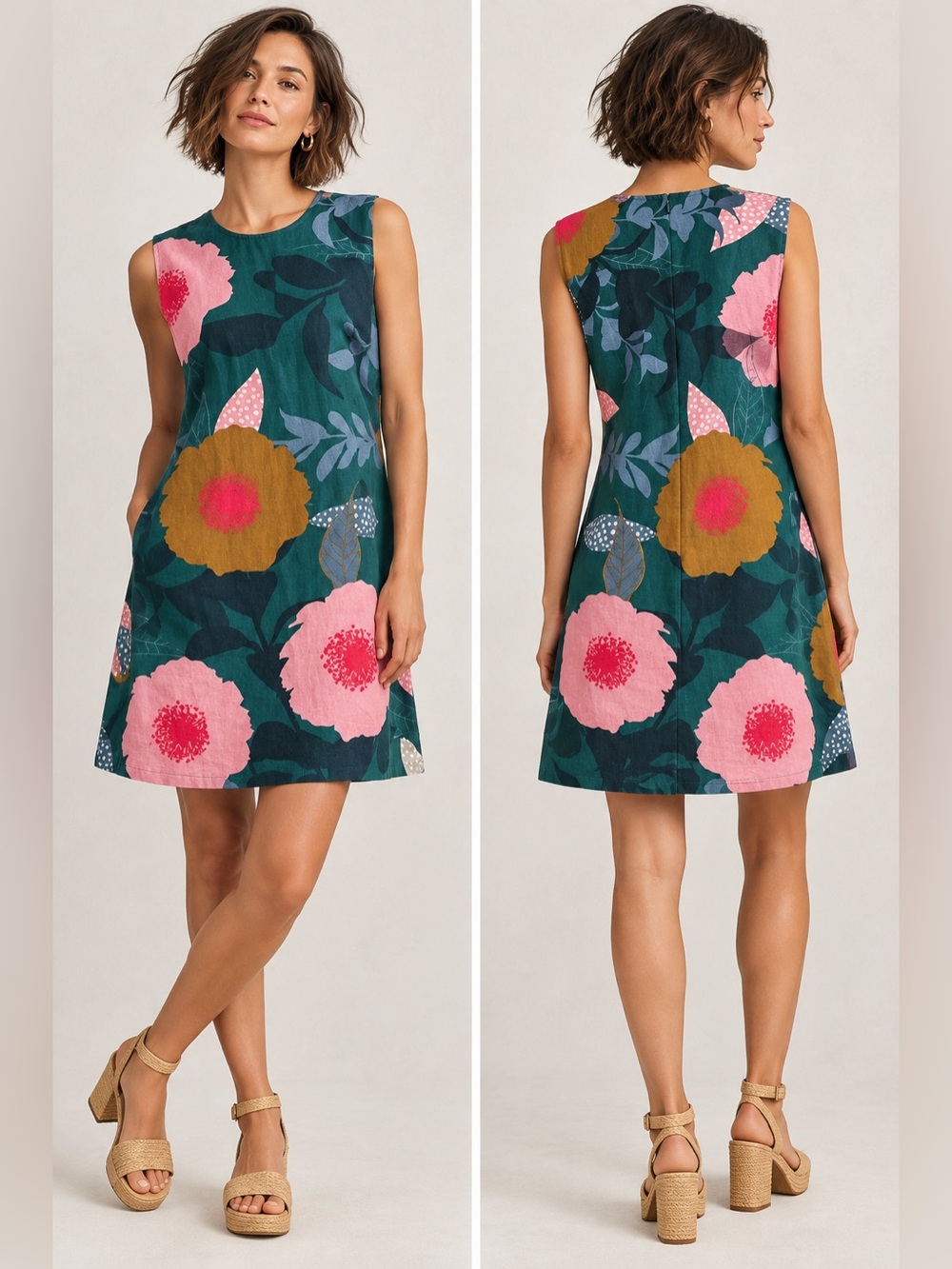 Conditions Apply Floral Linen Cotton Shift Dress Green Pink Medium